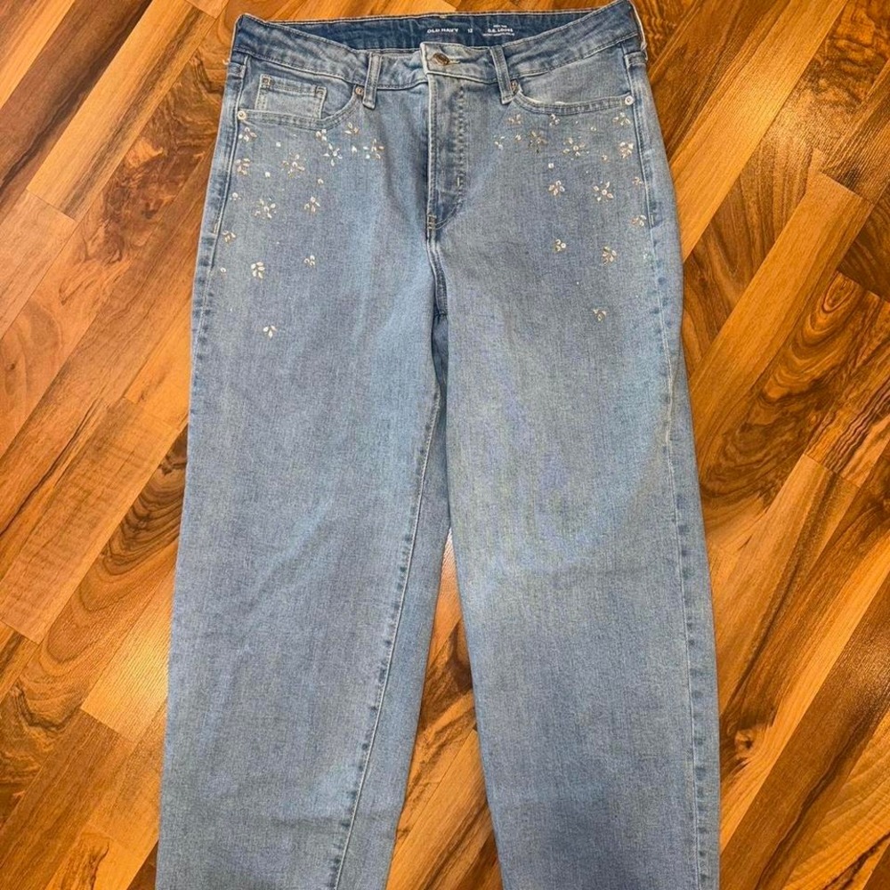 Old Navy rhinestone, sparkle, gem concert high rise OG loose straight leg SZ 12‎